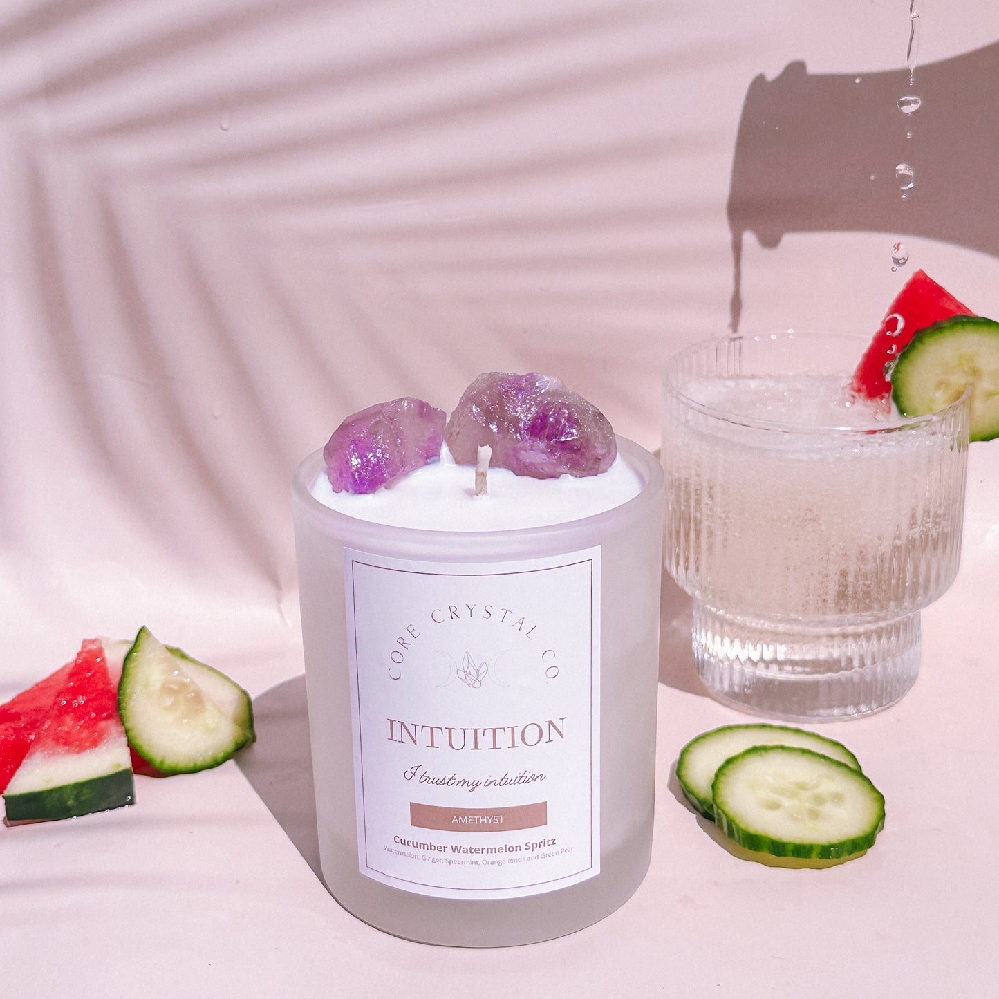 INTUITION Watermelon Cucumber Spritz Amethyst Crystal Infused Candle