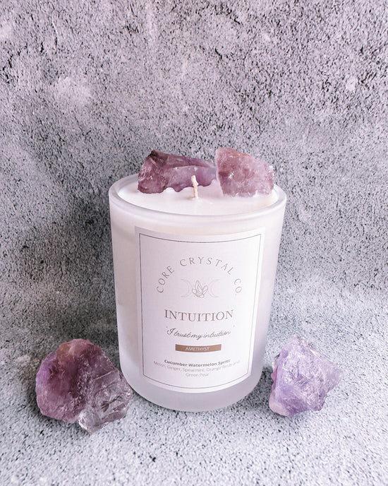 Load image into Gallery viewer, INTUITION Watermelon Cucumber Spritz Amethyst Crystal Infused Candle
